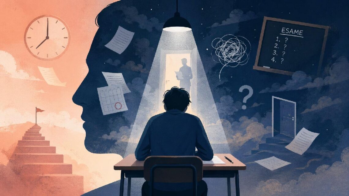 Illustrazione concettuale di una persona adulta seduta a un banco sotto una luce intensa, circondata da fogli, simboli di esame, orologi e porte sospese, mentre un grande profilo umano sullo sfondo rappresenta l’ansia da giudizio e la paura di non essere preparati.
