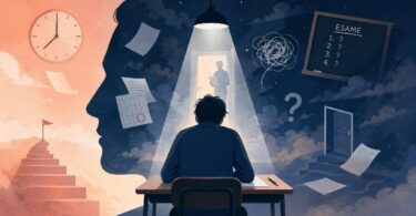 Illustrazione concettuale di una persona adulta seduta a un banco sotto una luce intensa, circondata da fogli, simboli di esame, orologi e porte sospese, mentre un grande profilo umano sullo sfondo rappresenta l’ansia da giudizio e la paura di non essere preparati.