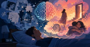 Illustrazione concettuale di una persona appena sveglia in una stanza onirica, circondata da frammenti di memoria e luce dell’alba, simbolo dei sogni che sembrano più veri dei ricordi.