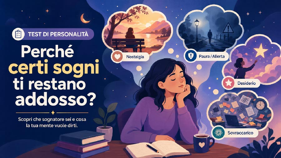 Test di personalità sui sogni: scopri perché certi sogni ti restano addosso e quale stile onirico-emotivo guida memoria, desideri, paure e sovraccarico mentale.