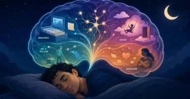 cervello addormentato ancora attivo durante il sonno, con luci interne che richiamano memoria, emozioni e pulizia mentale notturna.