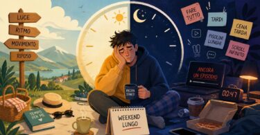 Illustrazione editoriale non fotorealistica di una persona stanca seduta tra giorno e notte, davanti a un grande orologio diviso a metà, con segnali di luce, riposo, pasti tardivi, scroll infinito e weekend lungo, per rappresentare come nei giorni di festa il corpo possa sentirsi sfasato nonostante più ore di sonno.