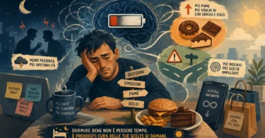 Illustrazione editoriale sul dormire poco e i suoi effetti su decisioni, fame nervosa e pazienza quotidiana, con cervello scarico, scelte impulsive e desiderio di cibi calorici.