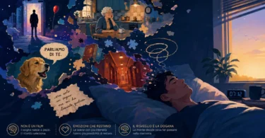 Illustrazione concettuale sulla memoria selettiva dei sogni, con frammenti onirici che si dissolvono al risveglio e una scena emotiva che resta impressa nella mente