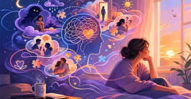 Illustrazione concettuale di una persona al risveglio con un’ombra onirica che svanisce, simbolo della sensazione lasciata da un sogno e dell’umore che sopravvive al sonno